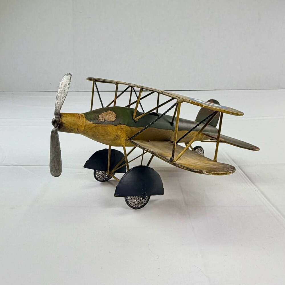Handmade Rustic Metal Biplane Airplane Model Decorative Sculpture